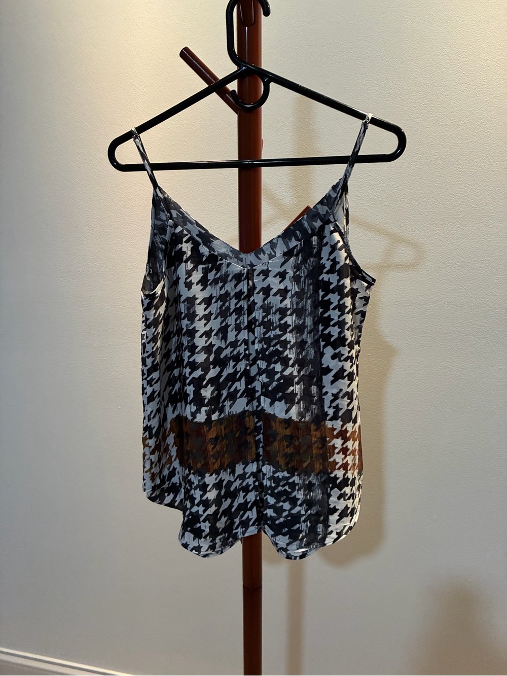 Brochu Walker Black, White & Brown Houndstooth Spaghetti Strap Camisole